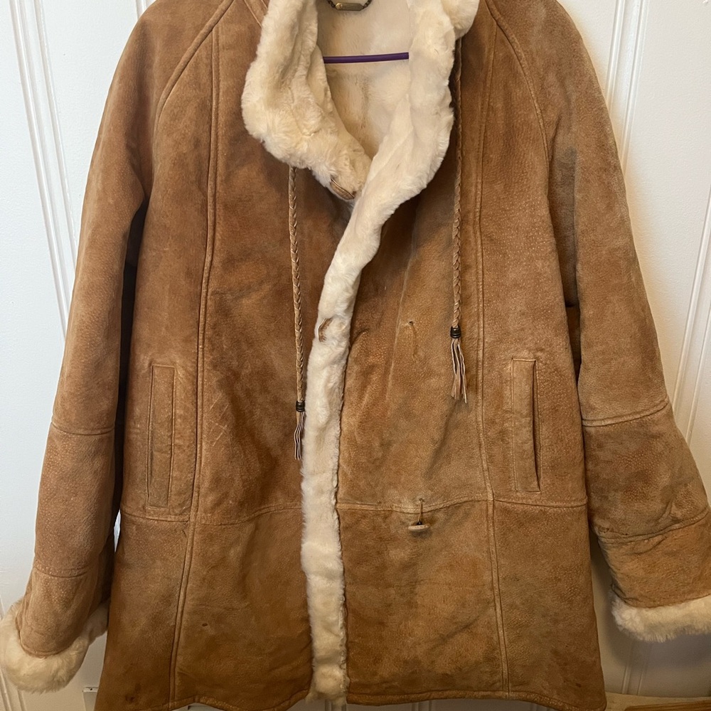Brown Suede Shearling Coat with Cream Interior